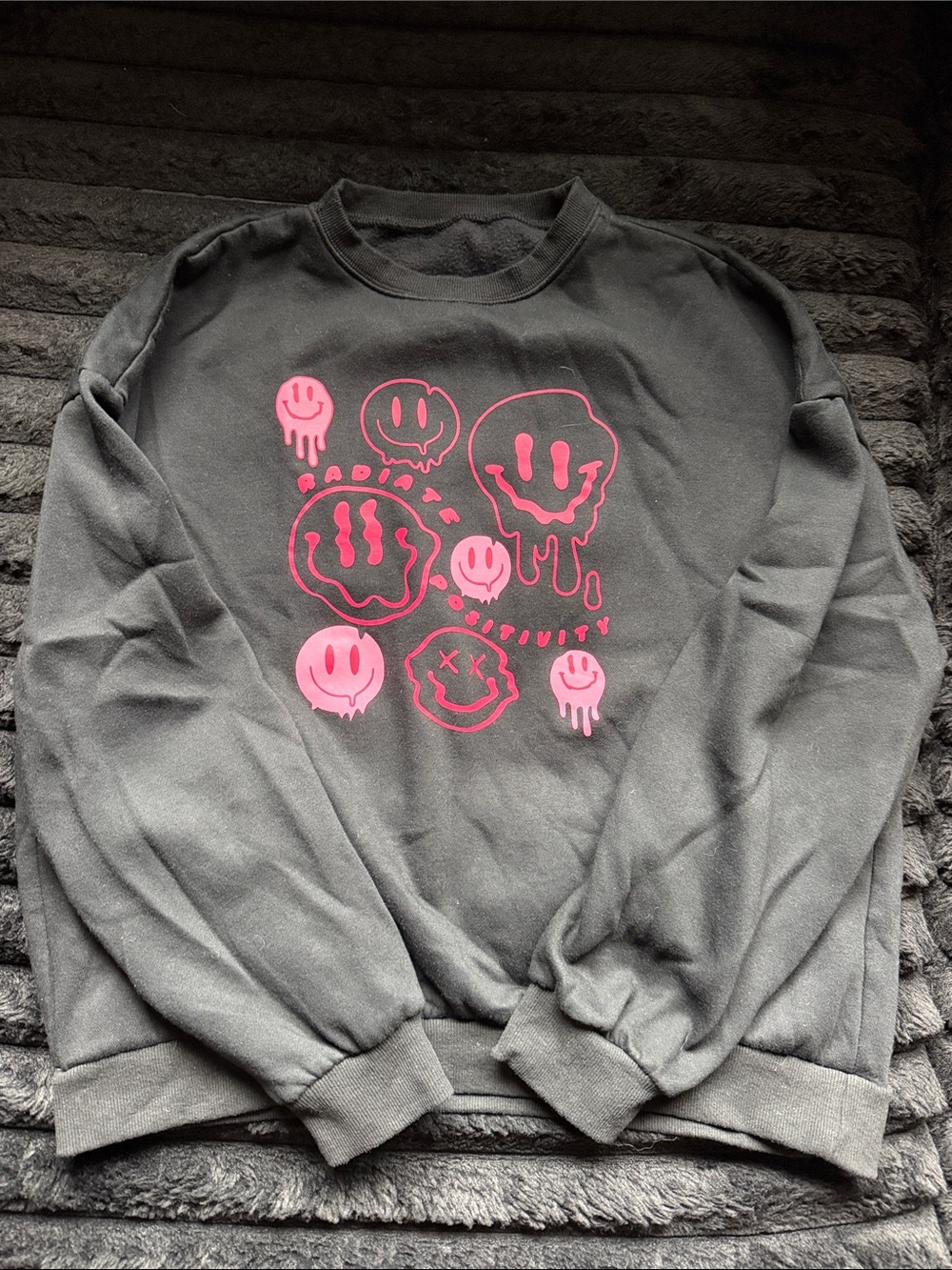 Black Sweater with Pink Graphic Smiley Design